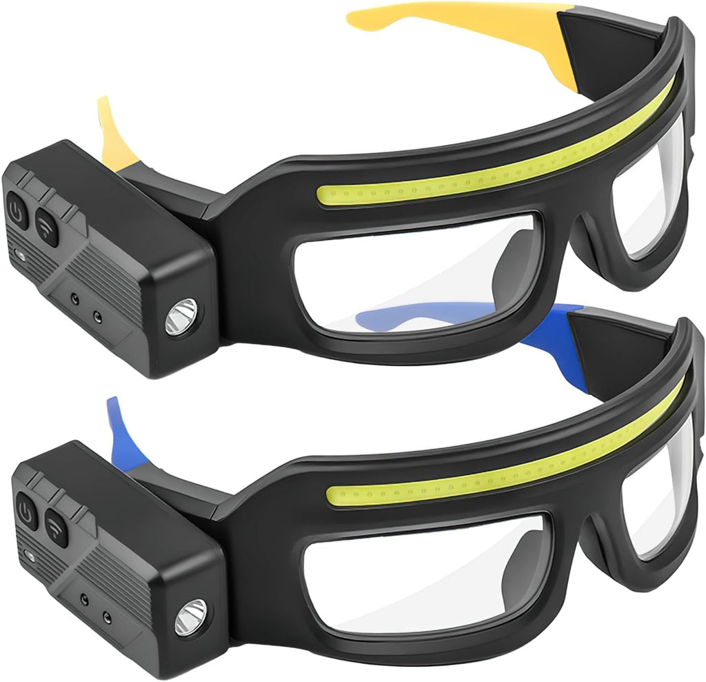Rechargeable LED Headlamp Glasses with Motion Sensor, 5 Lighting Modes, USB-C Charging & Dual Spotlights for Camping and Auto Repair