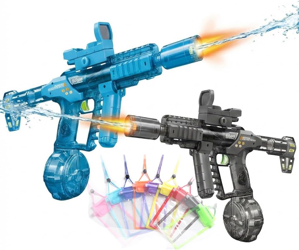 Electric Water Guns Water Blaster 2-Pack, Automatic High-Capacity Water Rifle with Drum Magazine & Red Dot Sight, Transparent Pro Squirt Guns for Summer Outdoor Pool Beach Yard Swimming Party