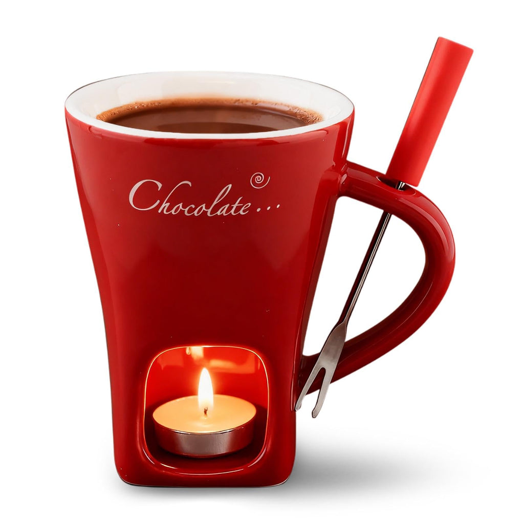 Mini Ceramic Chocolate Fondue Mug Set with Fork, Candle-Heated Melting Cup for Chocolate, Cheese & Caramel, Perfect for Date Nights, Parties & Gifts