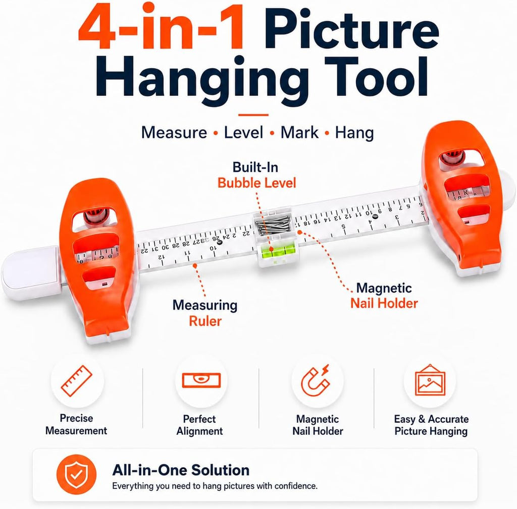 4-in-1 Picture Hanging Tool with Bubble Level, Measuring Ruler & Magnetic Nail Holder, Frame Alignment Tool with 14 Brad Nails for Pictures, Mirrors & Wall Decor