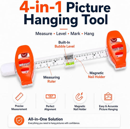 4-in-1 Picture Hanging Tool with Bubble Level, Measuring Ruler & Magnetic Nail Holder, Frame Alignment Tool with 14 Brad Nails for Pictures, Mirrors & Wall Decor