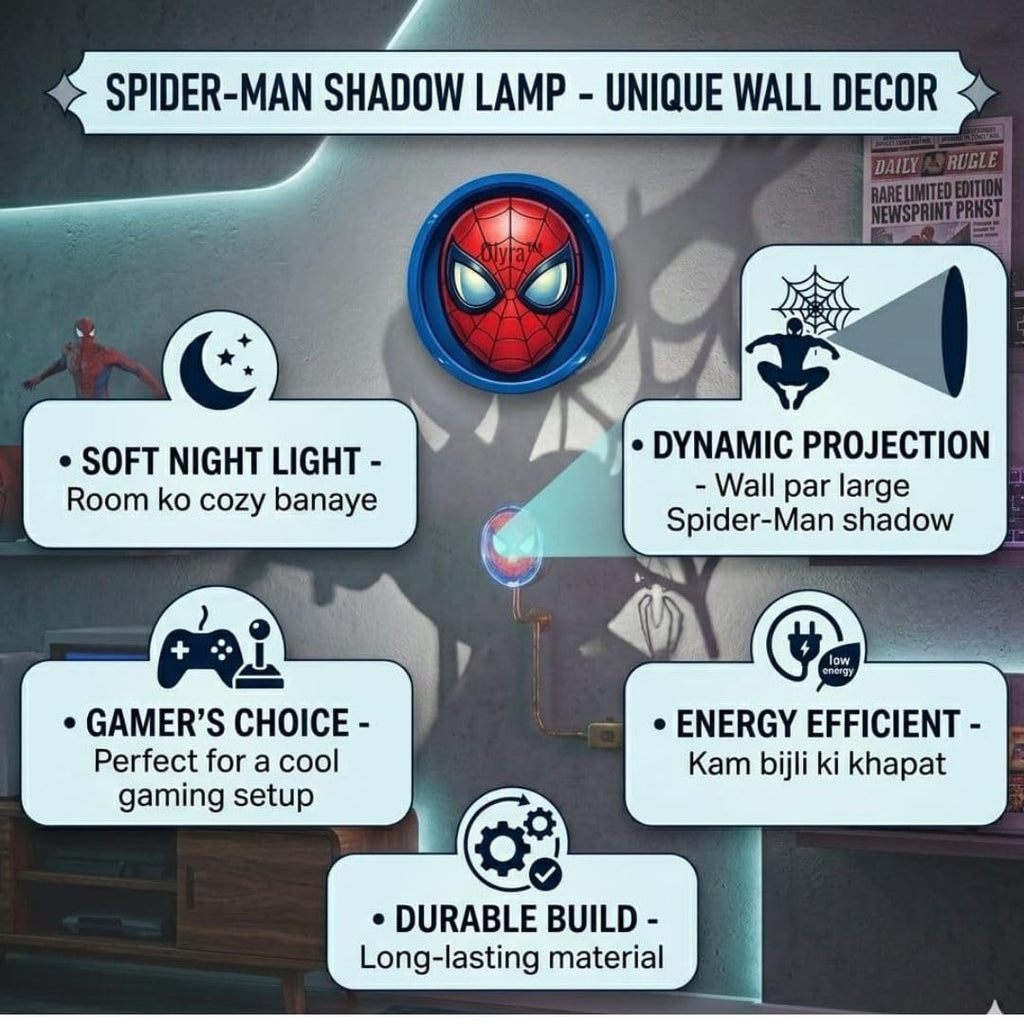 OLYRA Superhero Shadow Lamp for Bedroom Wall | 3D Night Lamp for Kids Room | LED Superhero Shadow Light for Wall Decor | USB Powered Shadow Projection Lamp | Birthday Gift for Boys