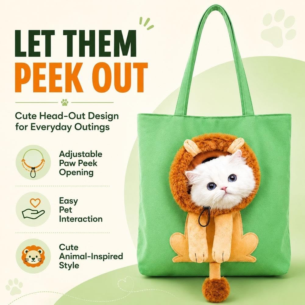 Lion-Shaped Pet Carrier Tote Bag, Head-Out Canvas Shoulder Bag for Cats & Small Dogs