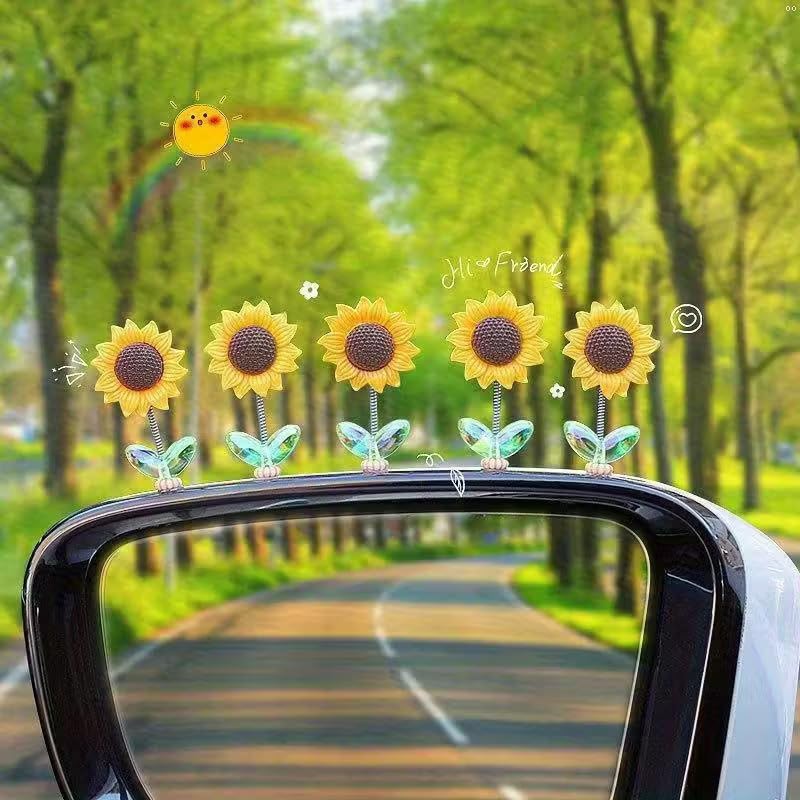 5 Pcs Car Dashboard Flower Decor Set Cute Mini Bobblehead Dancing Sunflowers for Car Interior Mirror Accessories Shaking Head Spring Toy Decorative Auto Ornament Gift