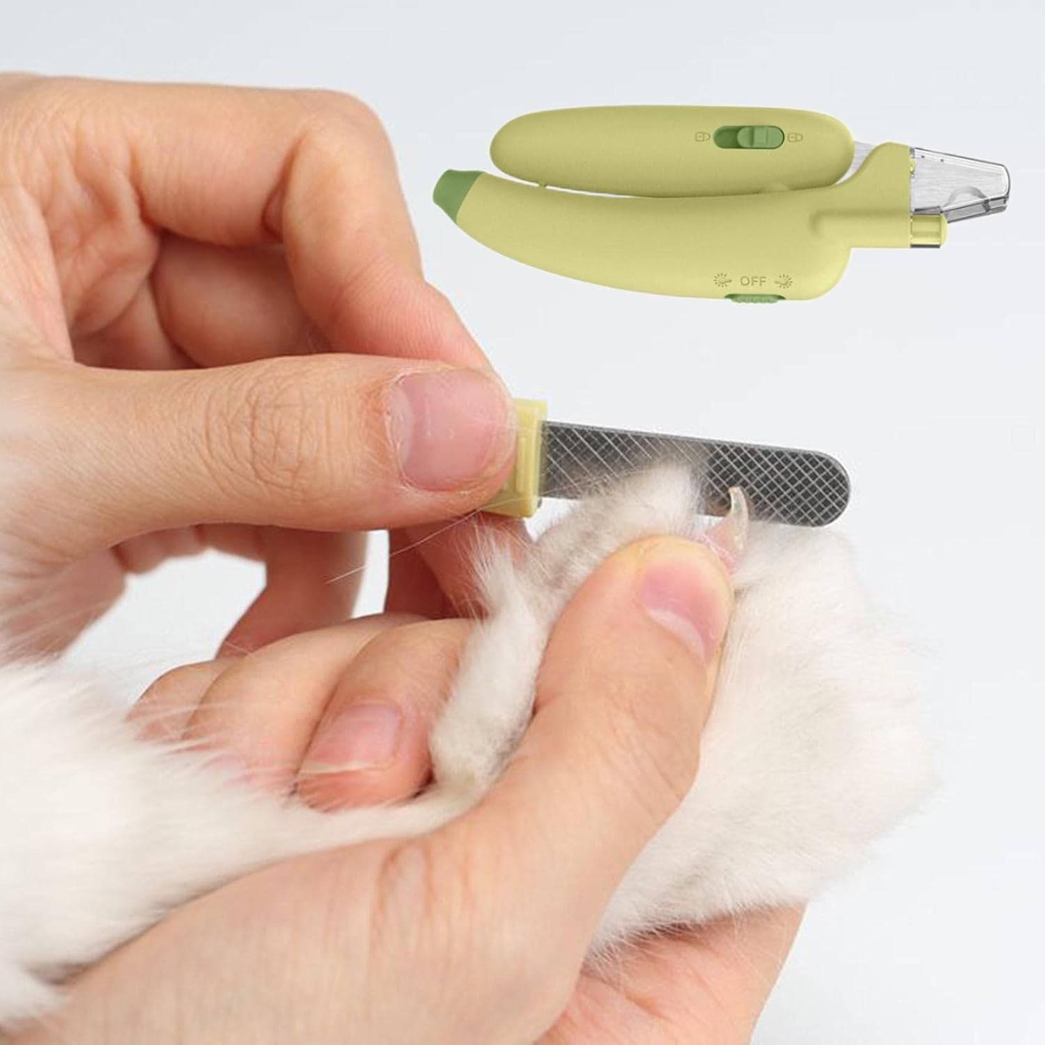 Dog nail clipper with UV LED light for safe trimming and protection against over-cutting. Cute pet claw trimmer and grooming tool for small animals such as dogs, cats, puppies, and kittens.