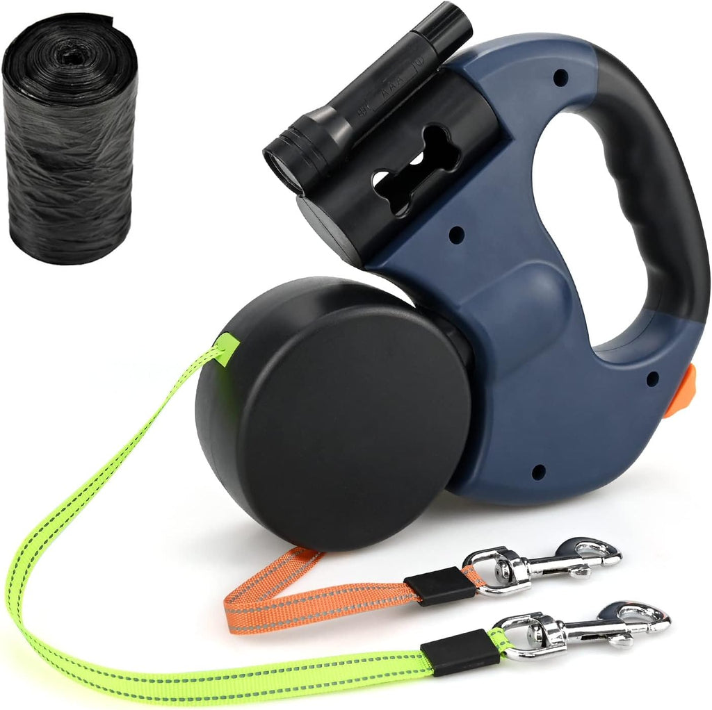 Dual Retractable Dog Leash for Two Dogs, 2 × 10 ft / 3 m Leads, 360° Anti-Tangle, One-Hand Brake with LED Flashlight