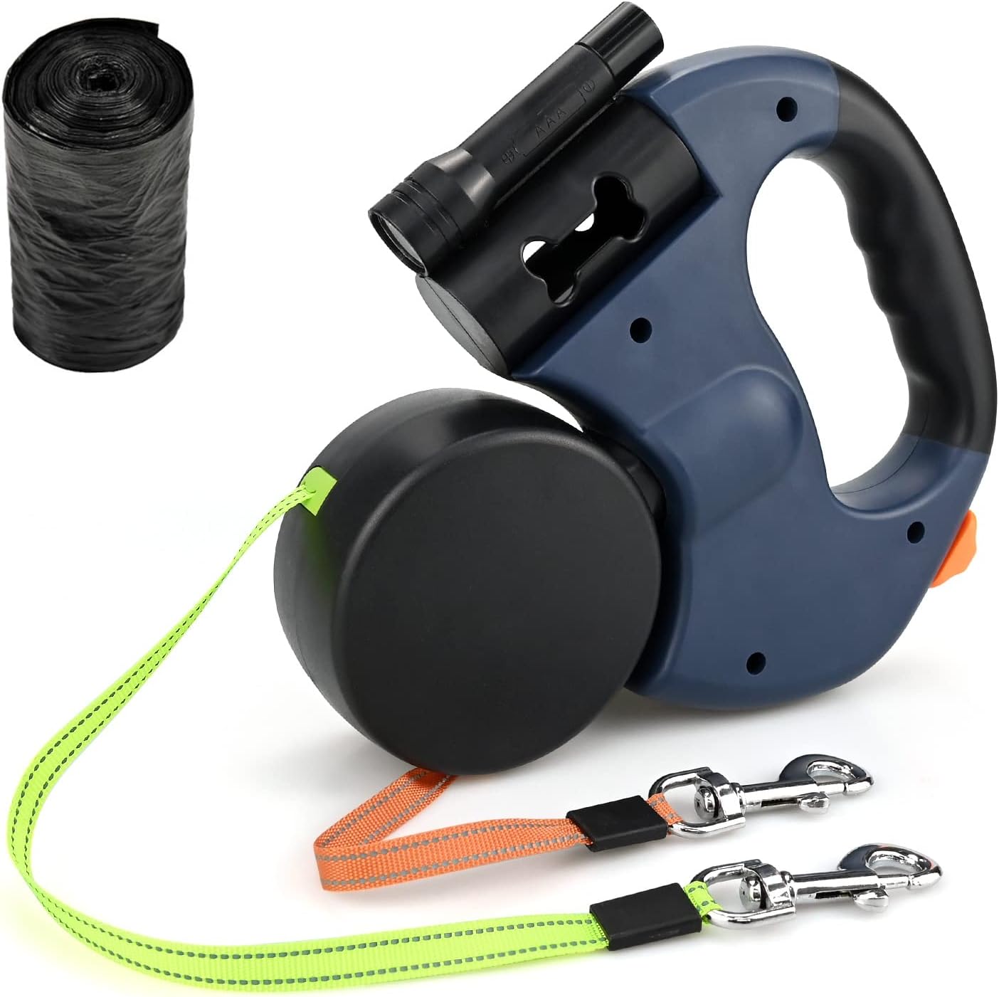 Dual Retractable Dog Leash for Two Dogs, 2 × 10 ft / 3 m Leads, 360° Anti-Tangle, One-Hand Brake with LED Flashlight