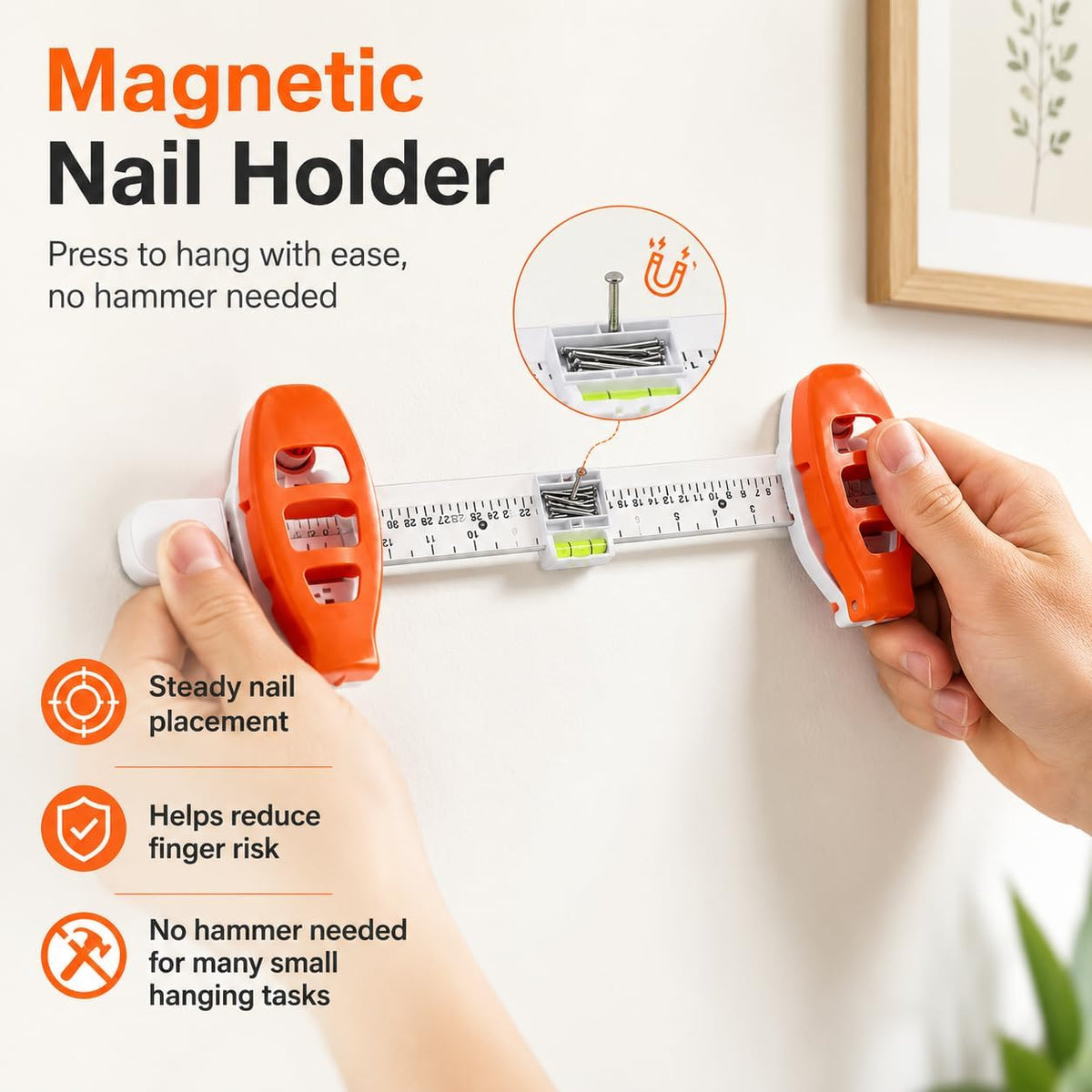 4-in-1 Picture Hanging Tool with Bubble Level, Measuring Ruler & Magnetic Nail Holder, Frame Alignment Tool with 14 Brad Nails for Pictures, Mirrors & Wall Decor