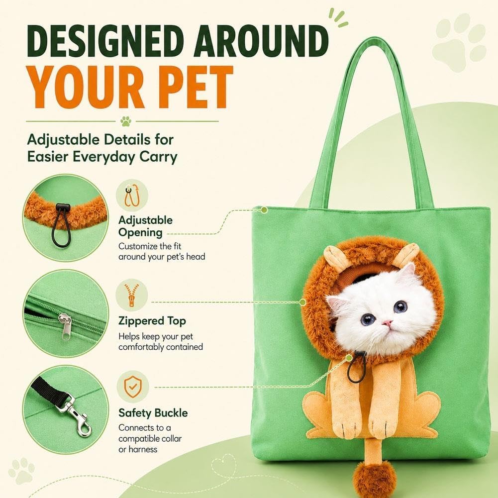 Lion-Shaped Pet Carrier Tote Bag, Head-Out Canvas Shoulder Bag for Cats & Small Dogs