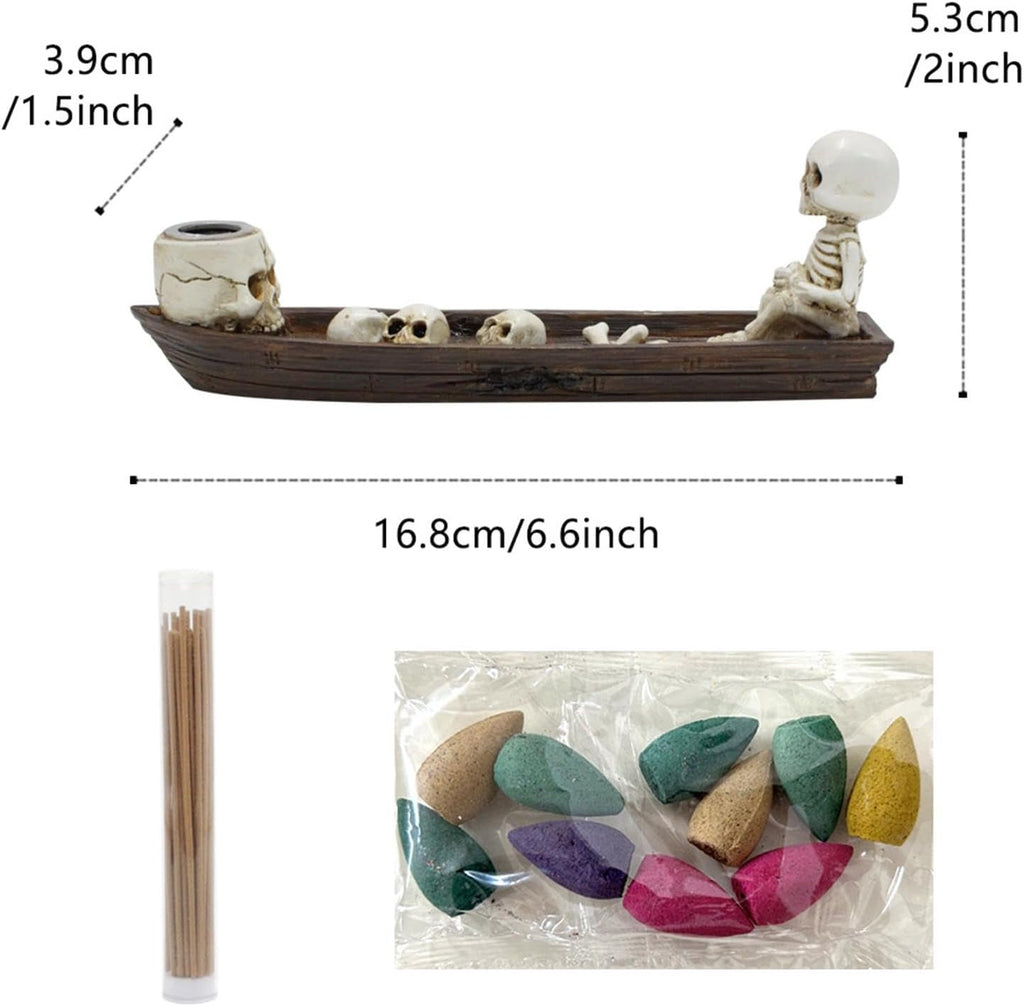 Skeleton Boat Incense Holder with Backflow Cones & Incense Sticks – Gothic Skull Resin Incense Burner for Halloween, Meditation & Home Decor