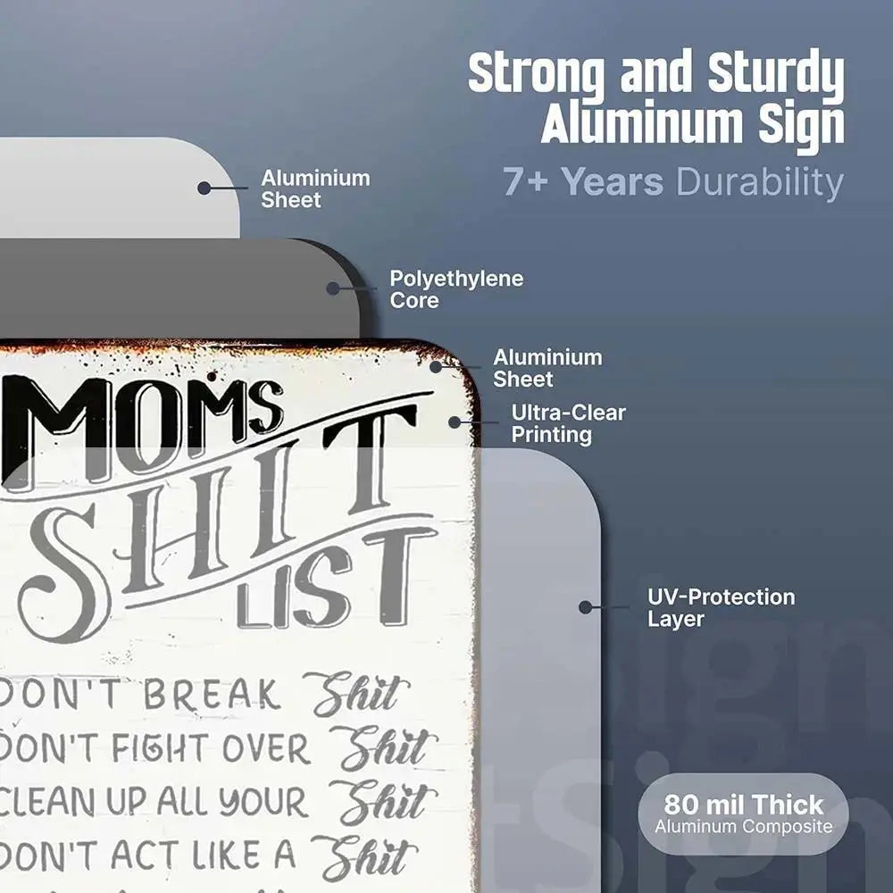 Vintage Metal Sign, Mom'S Shit List Sign, Don'T Make Me Lose My Shit, Retro Rustic Patio Home Decor Gift Metal Print Present 12x8 Inch