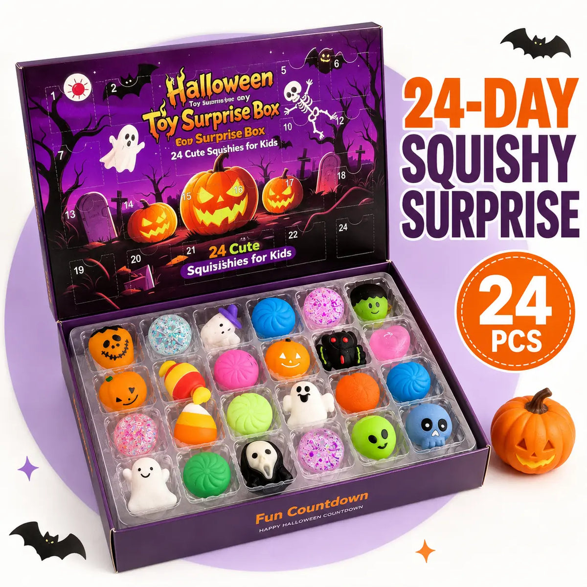 24-Piece Halloween Squishy Surprise Box, 24-Day Countdown Sensory Fidget Toy Set, Soft Squeeze Halloween Gifts & Party Favors