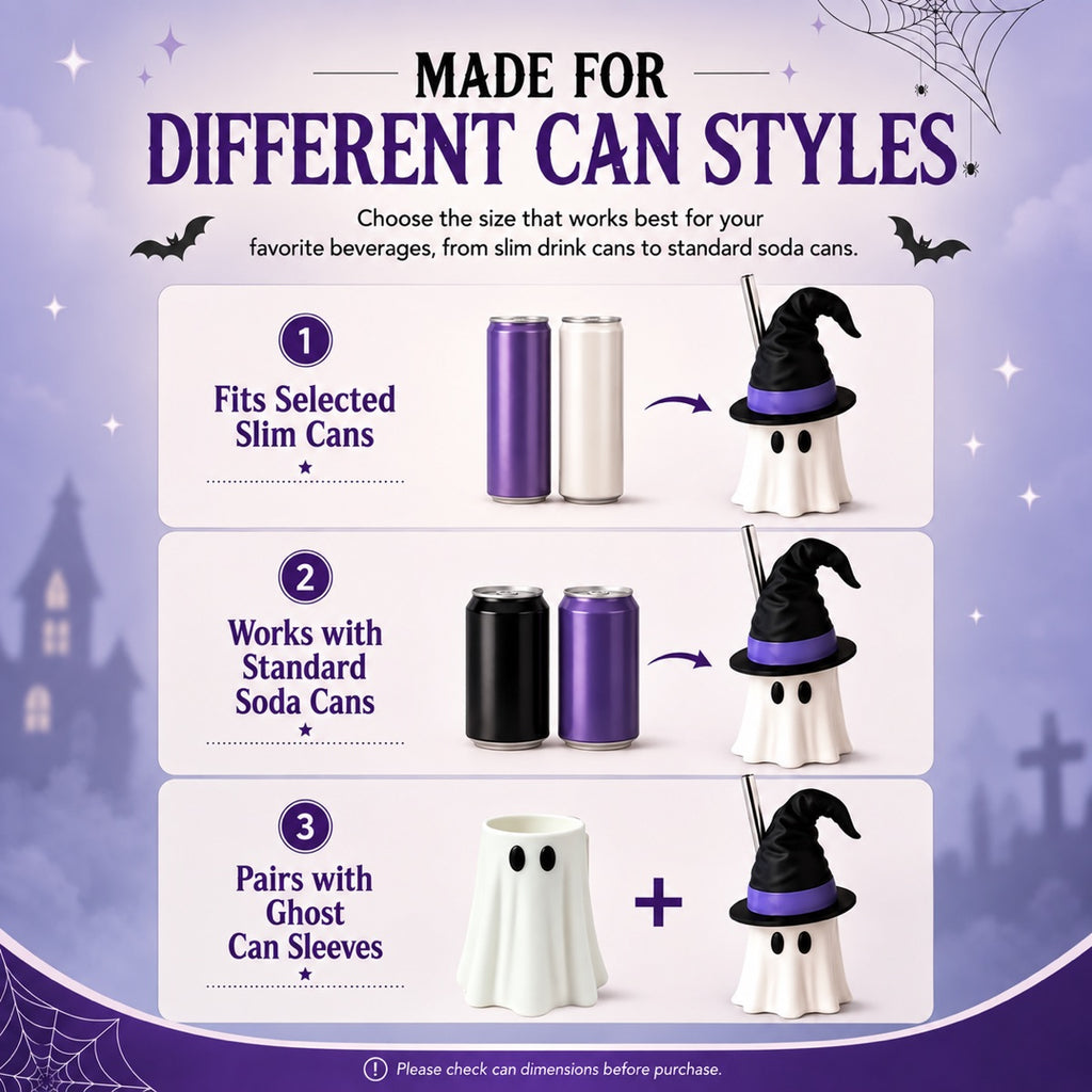 Halloween Witch Hat Ghost Can Holder with Straw Opening, Reusable 3D Beverage Can Cover, Standard or Tall Size, Spooky Drink Accessory for Parties, Desks & Movie Nights