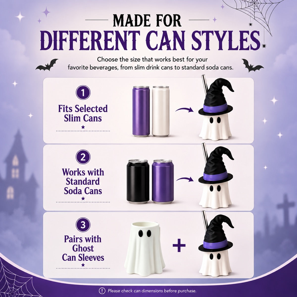 Halloween Witch Hat Ghost Can Holder with Straw Opening, Reusable 3D Beverage Can Cover, Standard or Tall Size, Spooky Drink Accessory for Parties, Desks & Movie Nights