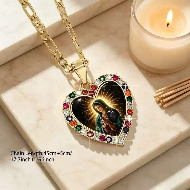 Our Lady of Guadalupe Heart Pendant Necklace, Gold-Tone Virgin Mary Catholic Jewelry, Religious Gift for Women