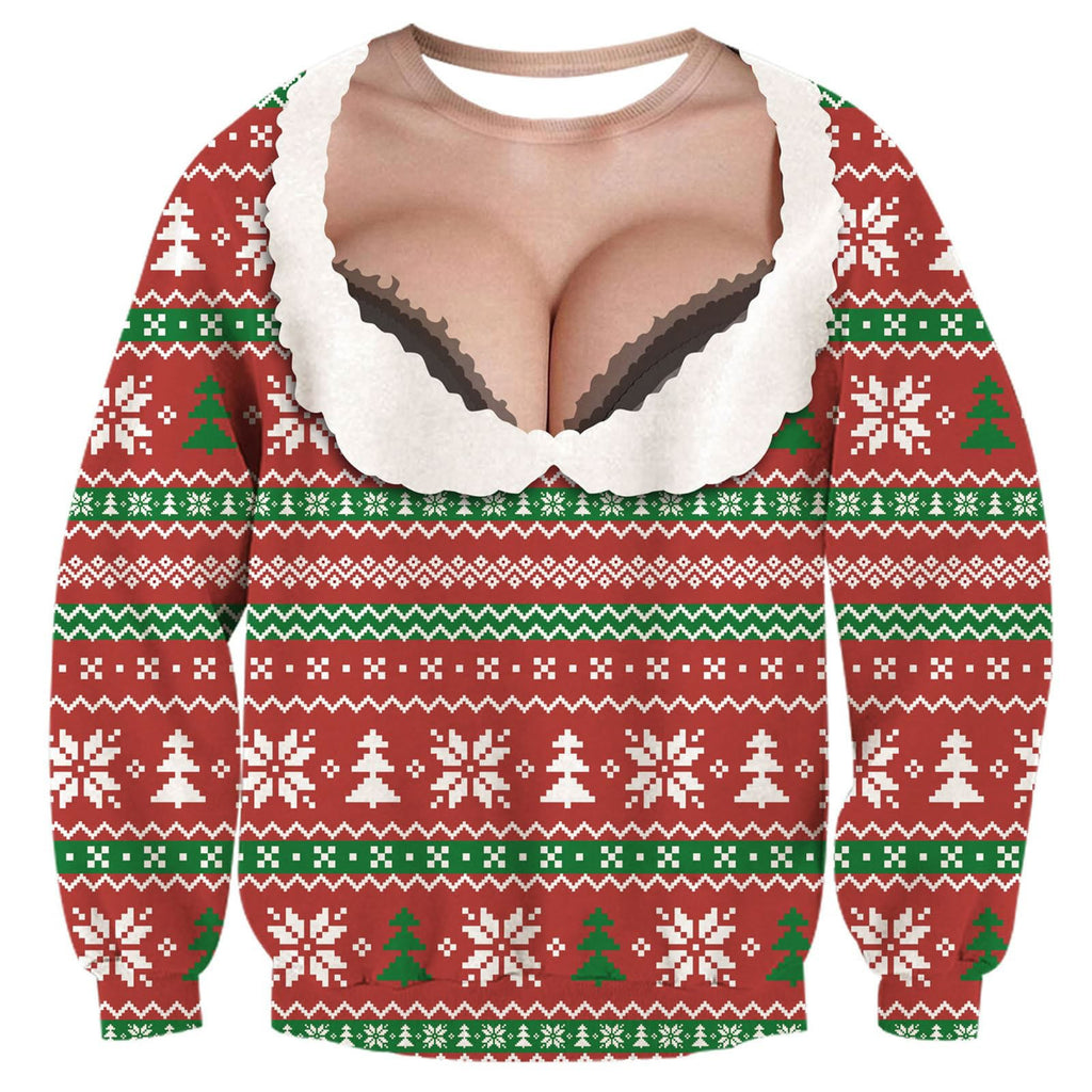 Cheeky Christmas Sweatshirt for Adults, Funny Holiday Crewneck Long Sleeve Pullover, Novelty Xmas Party Shirt with Printed Neckline Illusion