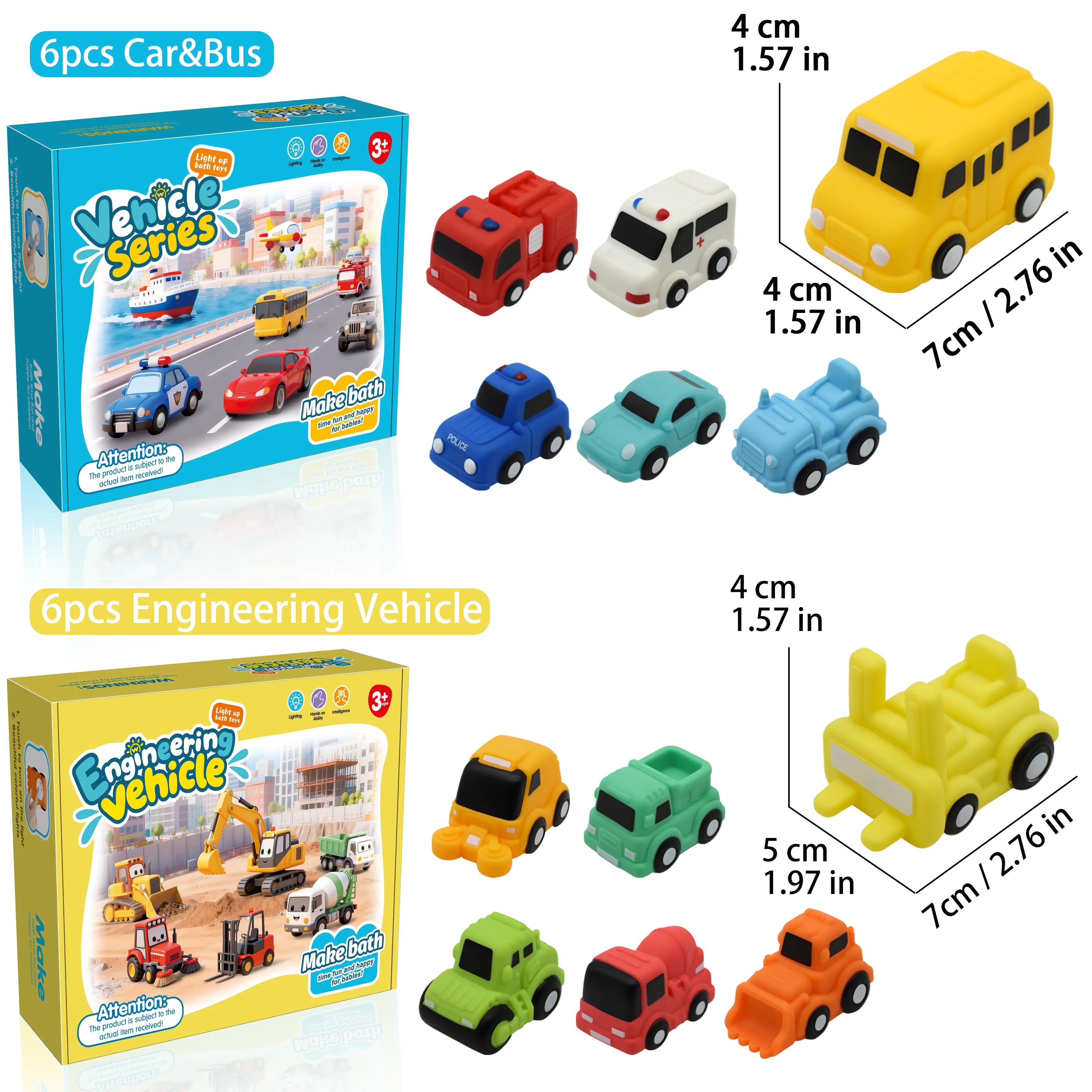 6PCS Bath Cars,Traffic Vehicles and Construction Vehicles, Light Up Bath Toy for Toddler,6 Pack Water Activated Flashing Colors Toys for Kids Bath Fun in the Tub,Bath Fun in Pool or Bathtub,On Beach