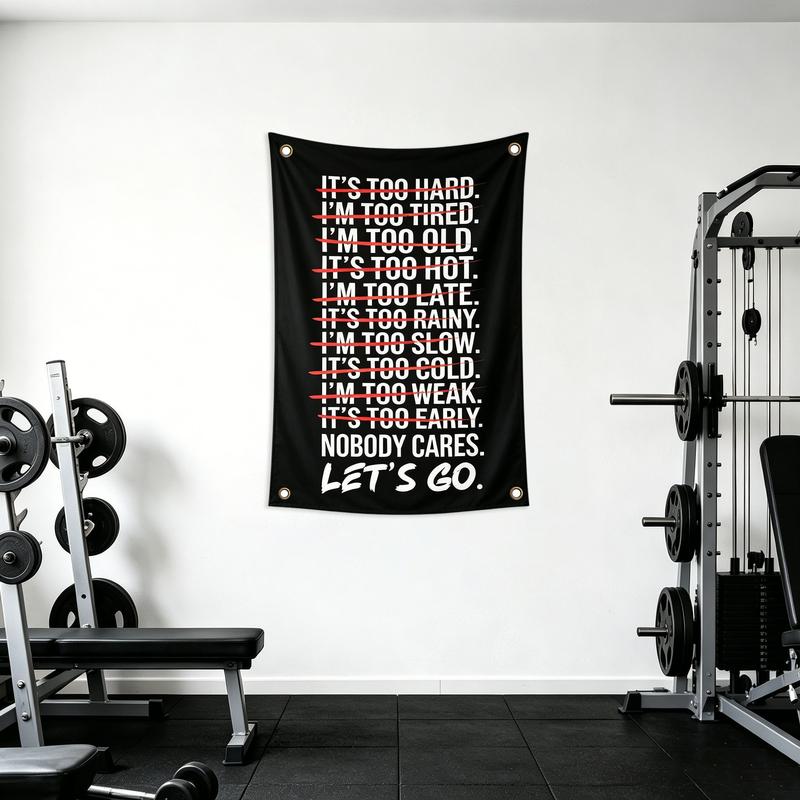 【Black Friday】Nobody Cares Let's Go Gym Motivation, Bold Black, White & Red Typography Design, 2D Single-Sided Polyester Flag with 4 Metal Grommets, Wall Decor Flag for Home Gym, Fitness Room & Dorm Wall
