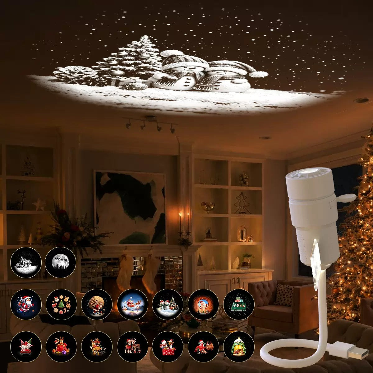 Christmas 2-in-1 Projection Night Light, USB Powered Holiday Projector Lamp with Interchangeable Films, 360° Flexible Touch Control Light for Car, Bedroom, Party & Christmas Decor