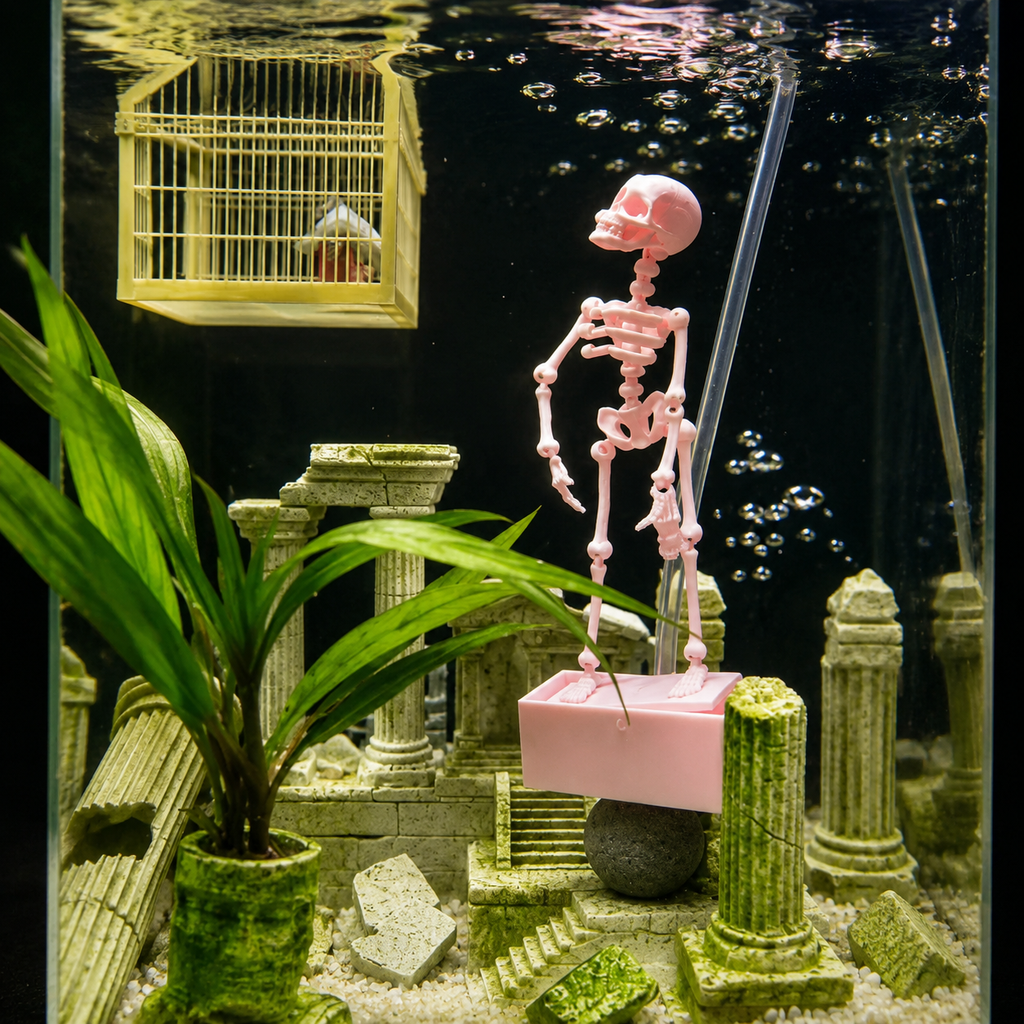 Halloween Dancing Skeleton Aquarium Decoration, Bubble-Activated Moving Fish Tank Ornament with Airflow Control Valve