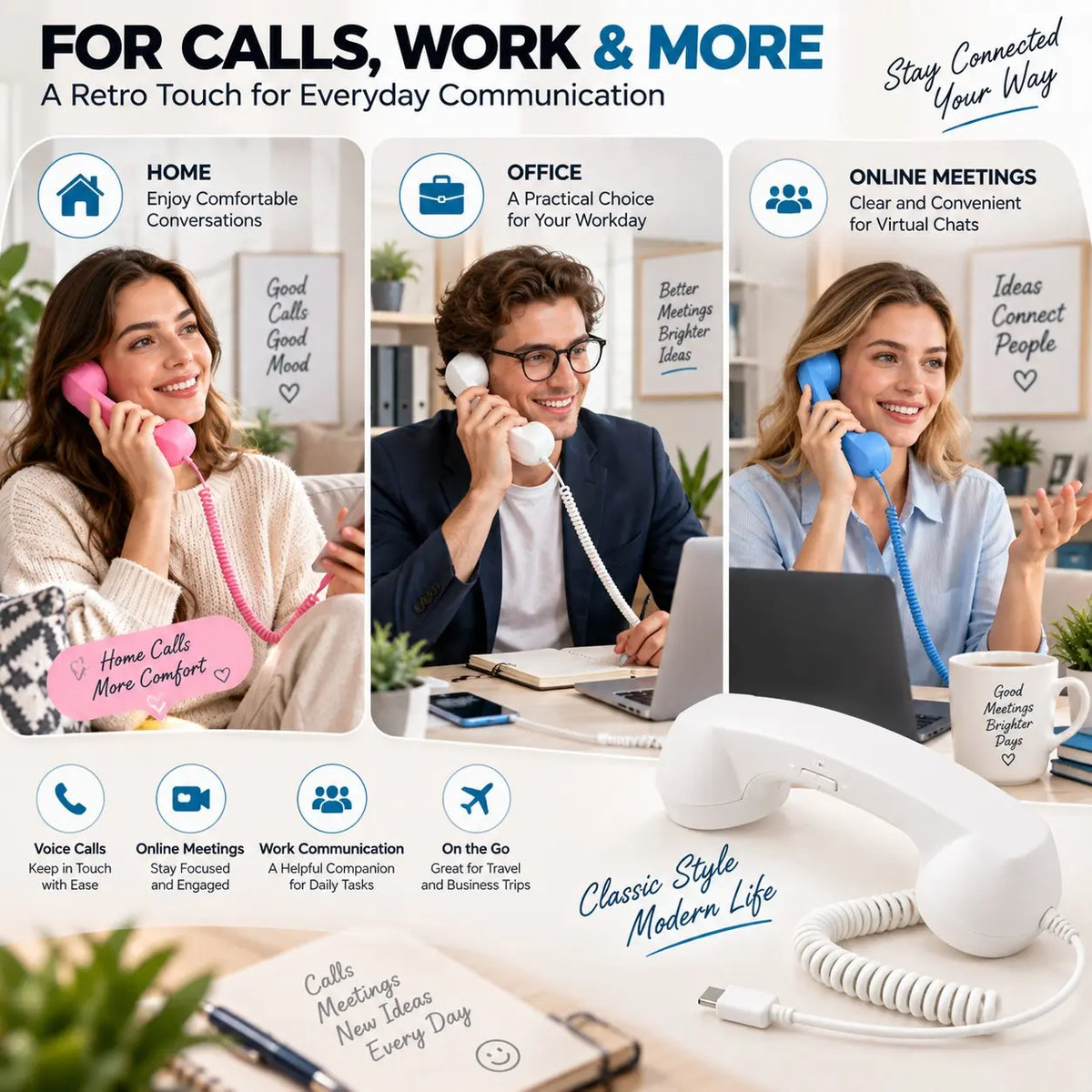 Retro Phone Handset – Type-C / 3.5mm Wired Receiver with Mic & Volume Control