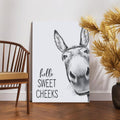 A rural-style poster featuring a picture of a donkey and a cow, an amusing bathroom wall decoration, a black and white bathroom logo decoration, interesting animal head portraits, suitable for bathrooms and bedrooms.