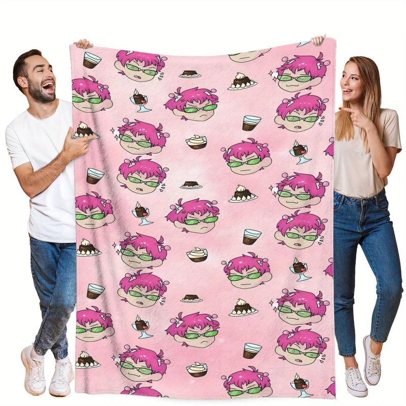 Pink-Haired Cartoon Character & Dessert Print Flannel Blanket – Soft Cozy Throw for Bed, Sofa & Gifts