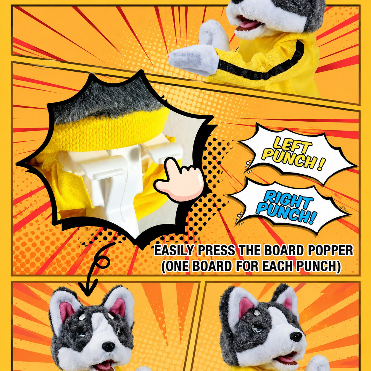 Kung Fu Husky Hand Puppet, Interactive Plush Boxing Dog Toy with Punching Action and Sound Effects, Funny Gift for Kids