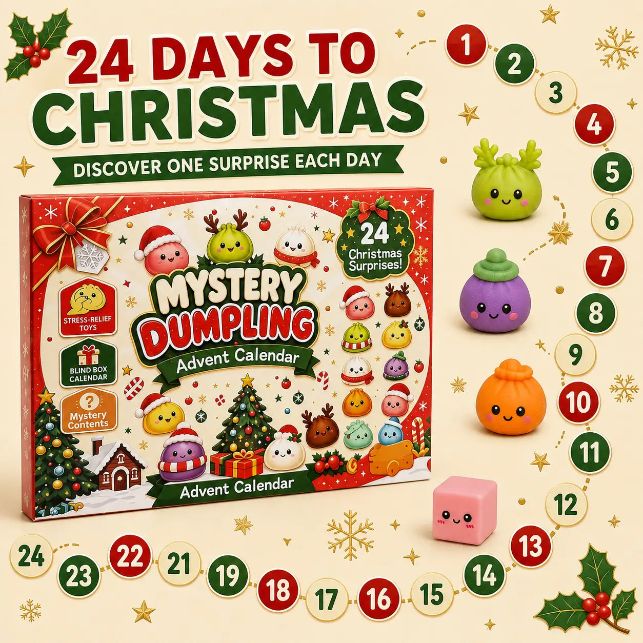 2026 Christmas Advent Calendar with 24 Mini Dumpling Squishies, Glitter Squeeze Toy Countdown Calendar, Holiday Gift for Kids