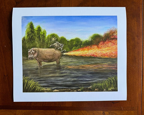 Capybara milking cows defend from hippo fart  ,”Hippo fart embellished canvas print.