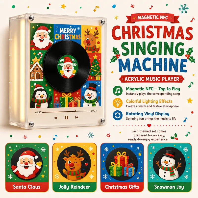 【Christmas Gift】Magnetic NFC Music Player with 9 Mini Vinyl Discs, Add Your Own Songs, Rotating Record Player with Light Effect, Unique Music Gift & Christmas Fridge Decor