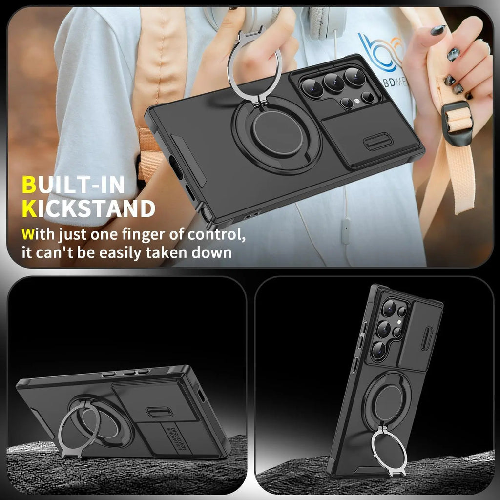 OREKROY Shockproof Magnetic Case with Slide Camera Lens Protector For Samsung Galaxy