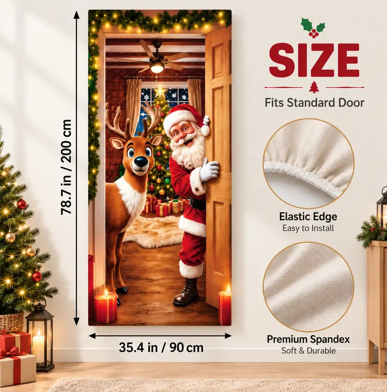 Christmas Door Cover - Santa & Reindeer Stretch Fabric Door Banner with 4-Side Elastic Edges, DIY Door Handle Cutout, Slip-On Front Door Holiday Decor
