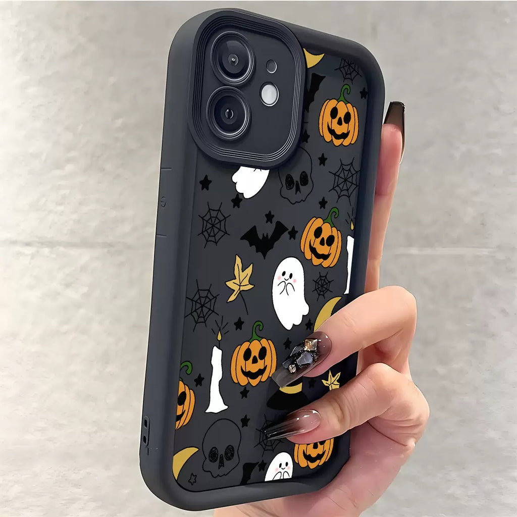 Halloween Ghost Pumpkin Bow Pattern Phone Case, Shockproof Drop-Resistant Protective Cover for iPhone 11–16 Series