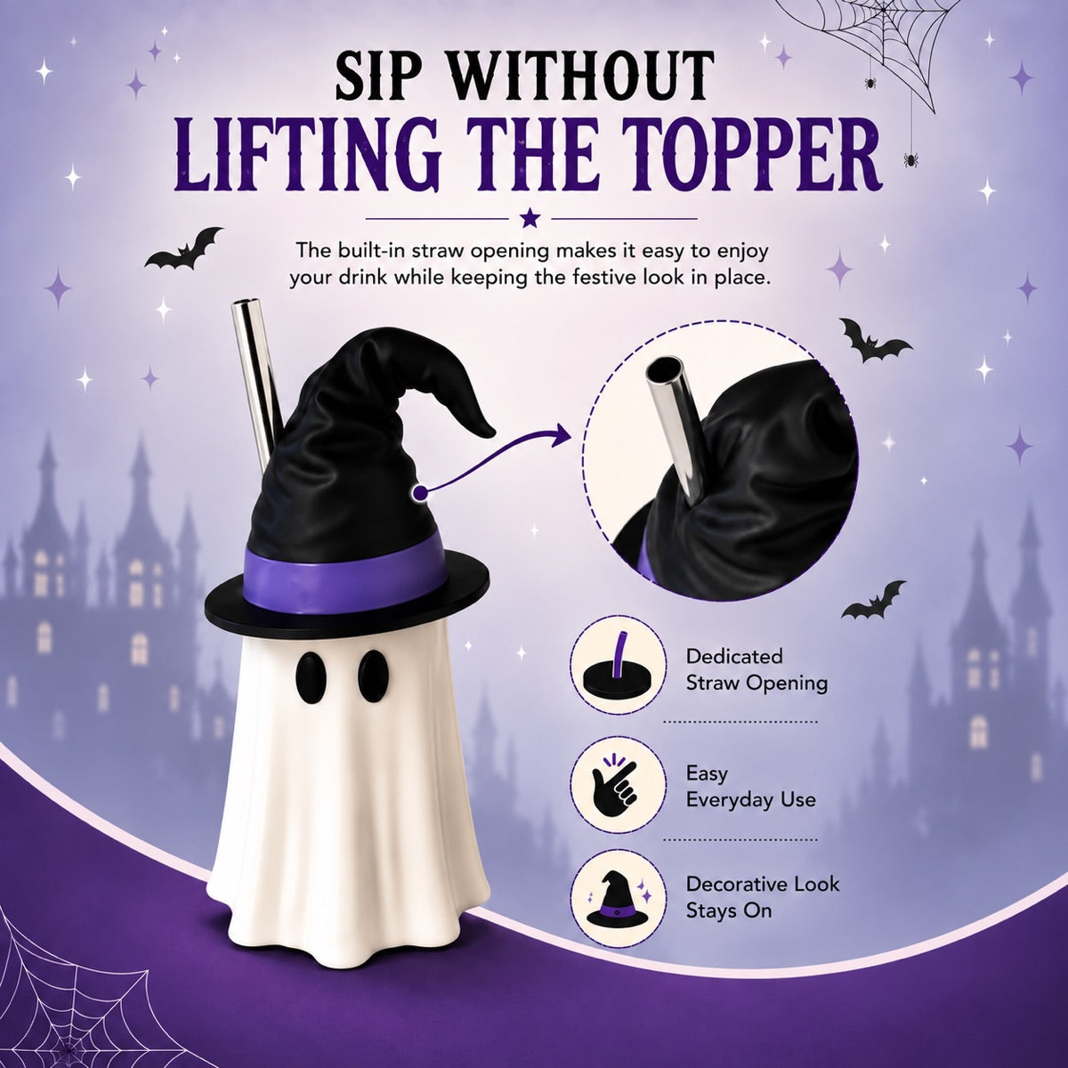 Halloween Witch Hat Ghost Can Holder with Straw Opening, Reusable 3D Beverage Can Cover, Standard or Tall Size, Spooky Drink Accessory for Parties, Desks & Movie Nights