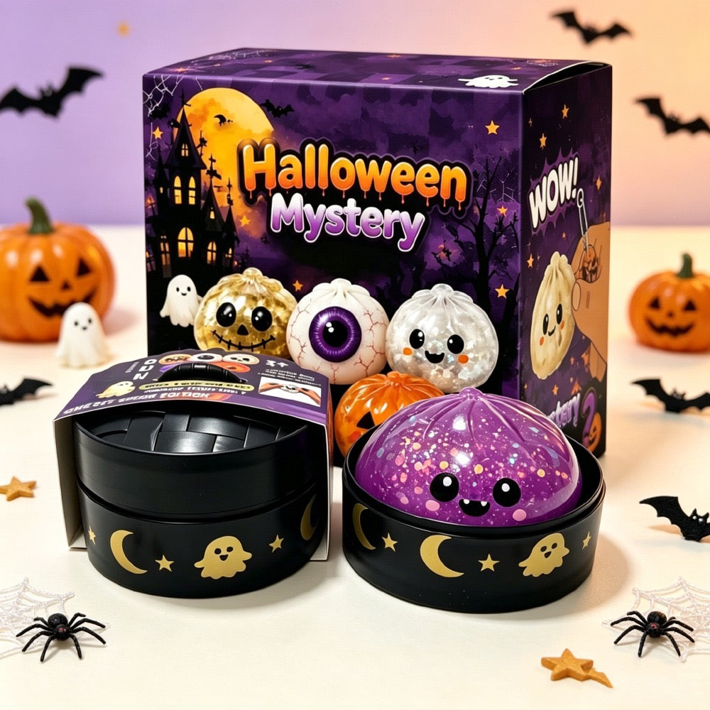 Halloween Dumpling Squishy Toy with Steamer-Style Storage Box, Slow-Rising Squeeze Toy, Spooky Sensory Party Favor & Gift