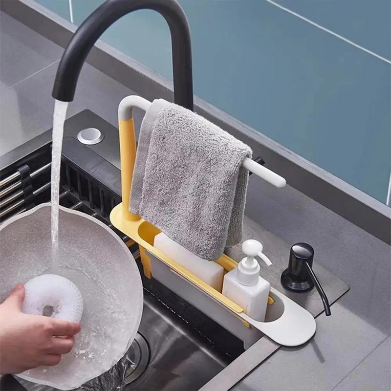 Adjustable Under-Sink Storage Rack, Thick PP Telescopic Organizer with Hanging Rod & Drain Holes for Kitchen Bathroom