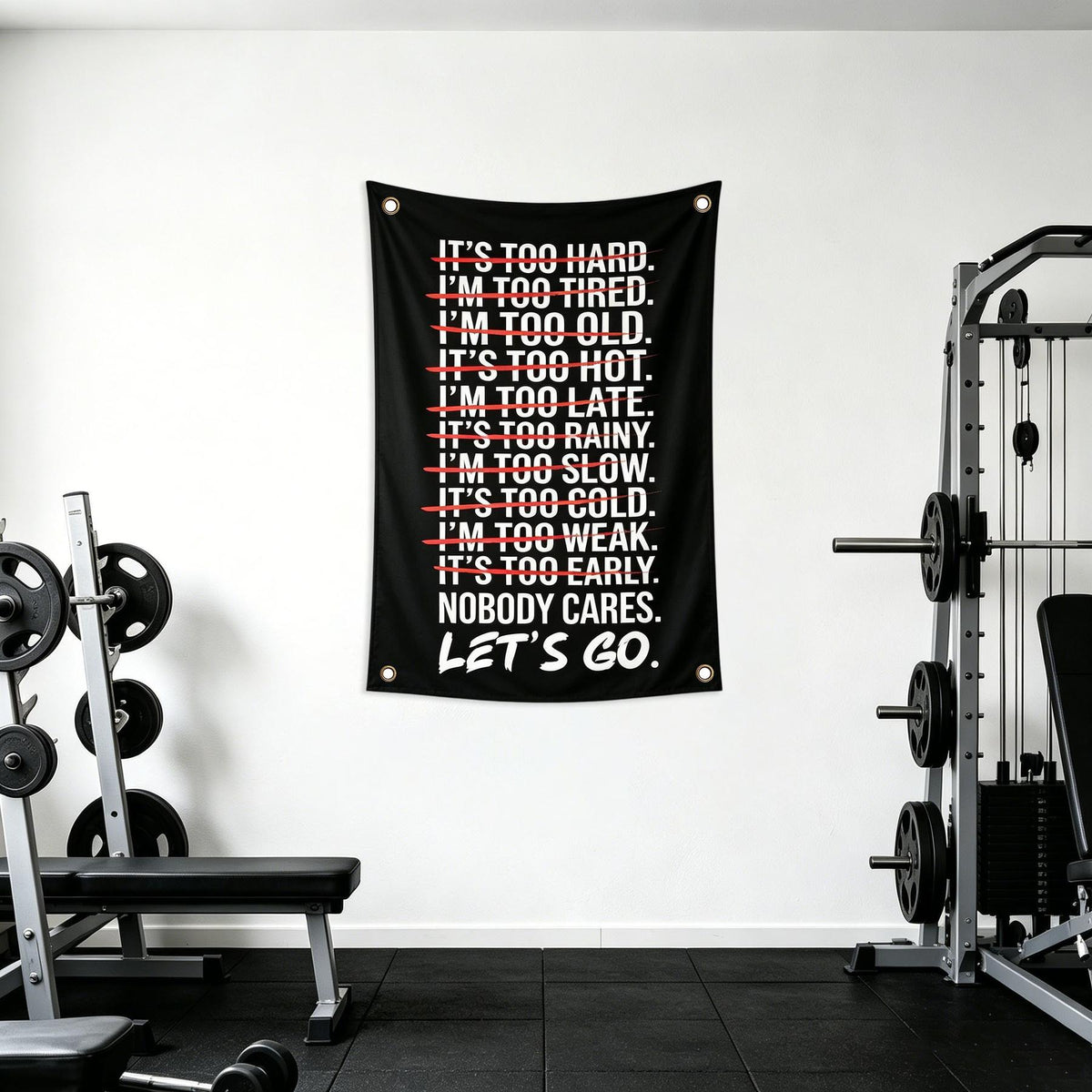 【Black Friday】Nobody Cares Let's Go Gym Motivation, Bold Black, White & Red Typography Design, 2D Single-Sided Polyester Flag with 4 Metal Grommets, Wall Decor Flag for Home Gym, Fitness Room & Dorm Wall