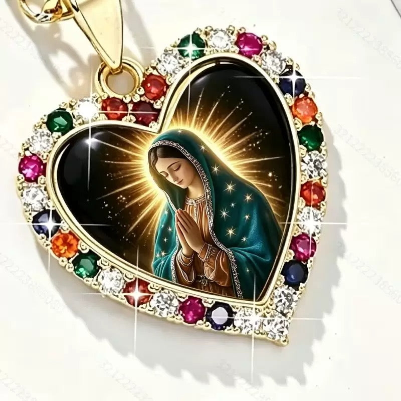 Our Lady of Guadalupe Heart Pendant Necklace, Gold-Tone Virgin Mary Catholic Jewelry, Religious Gift for Women