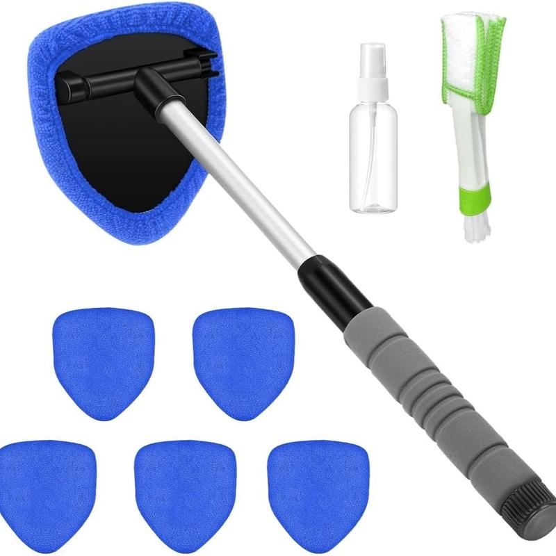 9-Piece Car Windshield Cleaning Kit with Extendable Handle, 180° Swivel Head, 6 Reusable Microfiber Pads, Vent Brush & Spray Bottle for Windows, Mirrors & Glass