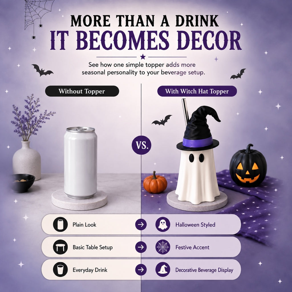Halloween Witch Hat Ghost Can Holder with Straw Opening, Reusable 3D Beverage Can Cover, Standard or Tall Size, Spooky Drink Accessory for Parties, Desks & Movie Nights
