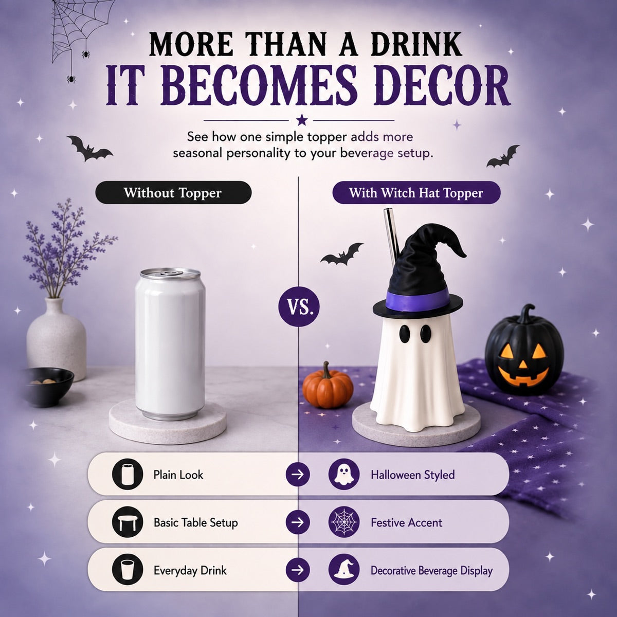 Halloween Witch Hat Ghost Can Holder with Straw Opening, Reusable 3D Beverage Can Cover, Standard or Tall Size, Spooky Drink Accessory for Parties, Desks & Movie Nights