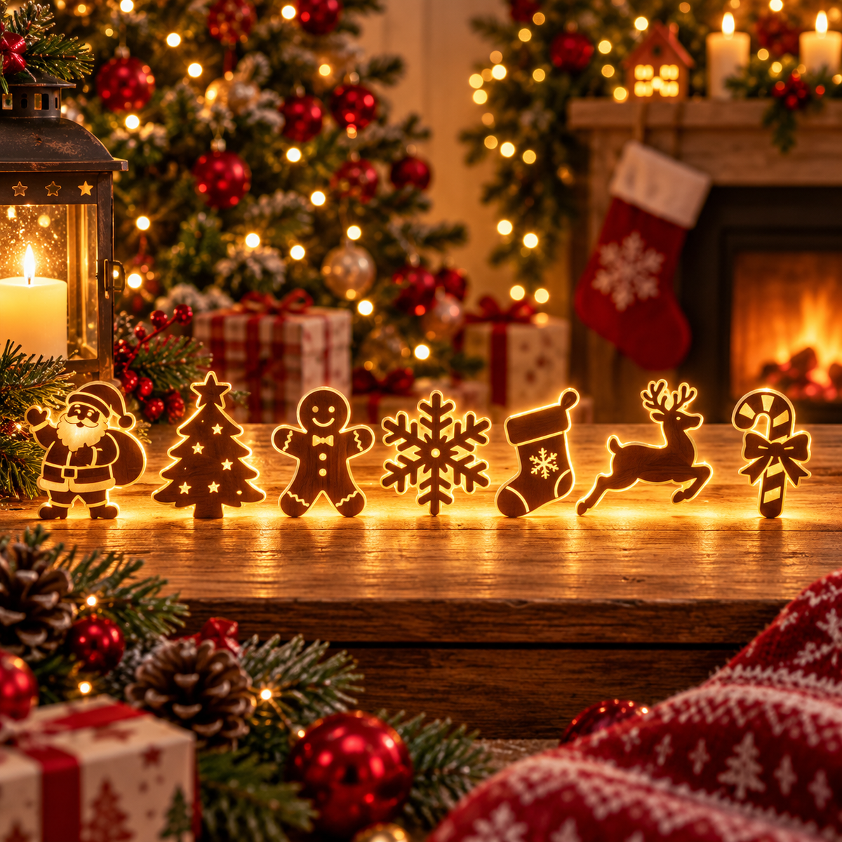 7-Piece Christmas Light-Up Wall Decorations, Battery-Operated Warm LED Holiday Decor with Self-Adhesive Pads, Festive Indoor Christmas Decorations