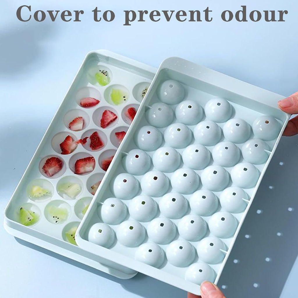 Round Ice Cube Tray with Lid, Reusable 33-Cavity Mini Ice Ball Maker Mold for Freezer, Cocktails & Whiskey