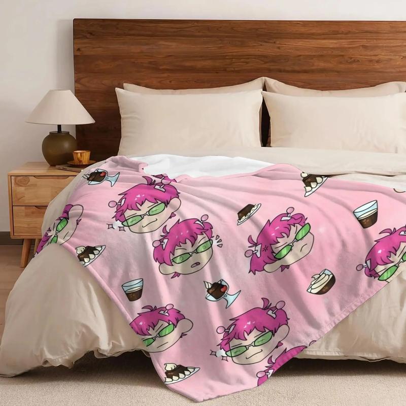 Pink-Haired Cartoon Character & Dessert Print Flannel Blanket – Soft Cozy Throw for Bed, Sofa & Gifts