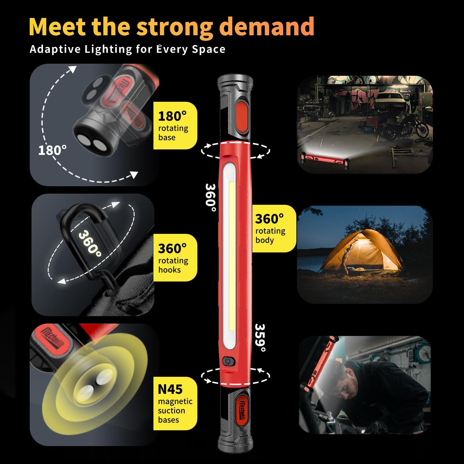 Under Hood Work Light Bar, 3000LM LED Magnetic Light Bar with Hooks, 5200mAh Cordless Rechargeable Hood Light Fathers Day Dad Gifts for Men/Mechanic/Car Repairing/Garage-Red(1 Pack)