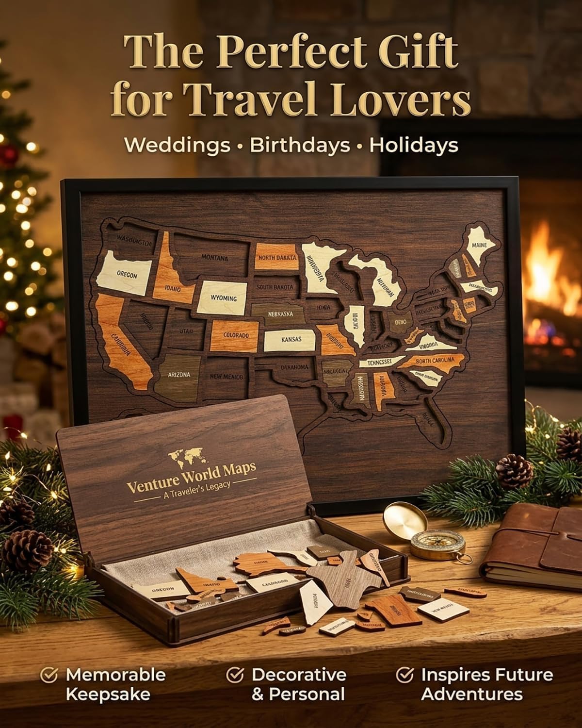 Wooden USA Travel Map Puzzle, A Stylish Way to Track Your Journey & Memories, Journey Tracker Maps Pin Board for Traveling, Removable USA Maps Puzzles for Traveling, Couple Family Art Home (1pc)