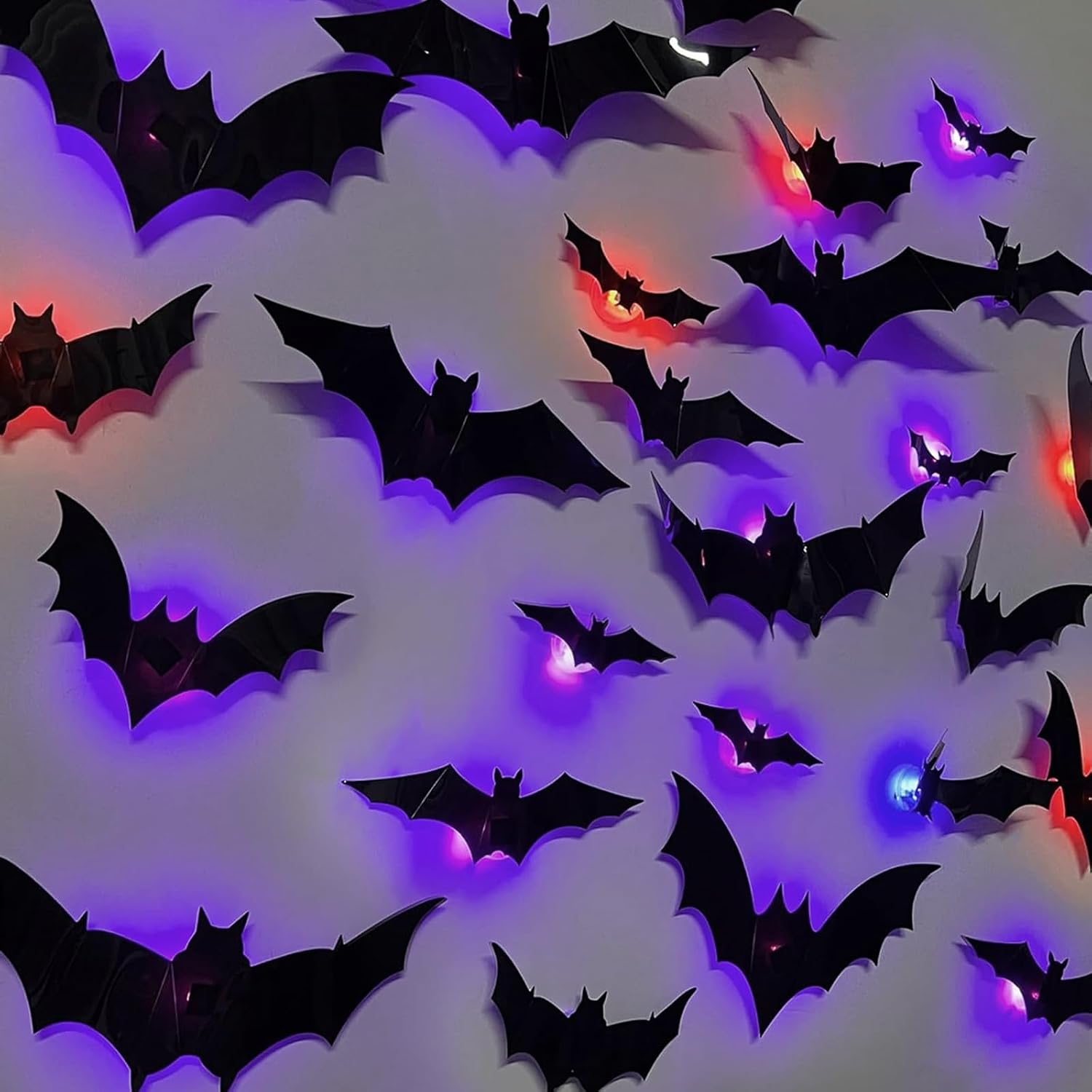 Pack of 12 LED Lights 3D Halloween Bat Decoration, Halloween Decoration Bat Wall Sticker with 10 Different Sizes, Horror Decorative Stickers, LED Bats Decoration for Indoor Halloween Party Accessories
