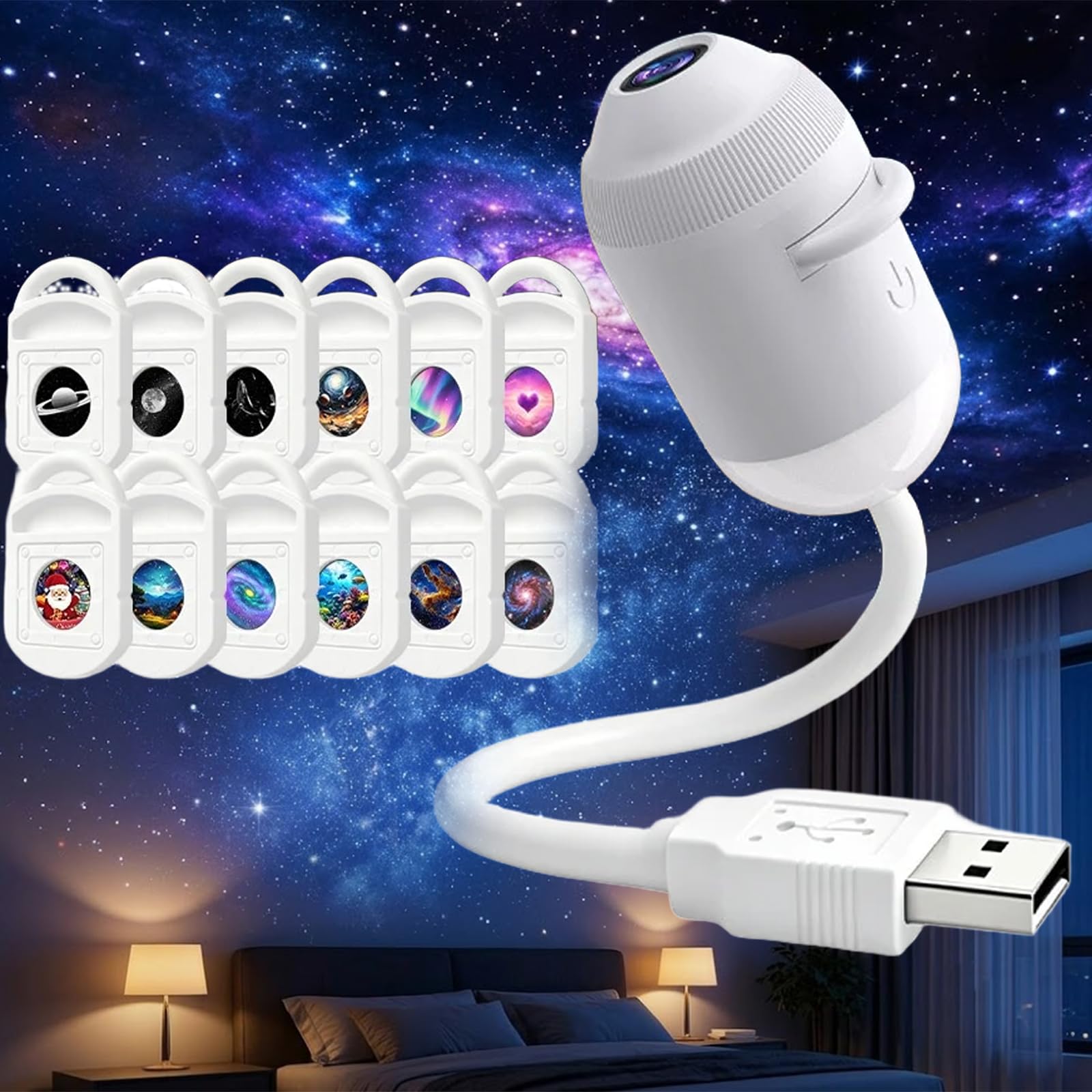 Hd Smart Dynamic 5d Holographic Night Light Projector,USB Galaxy Projector with 6/12Projection Films,Plug-and-Play,360° Adjustable,for Kid Adult Bedroom Ceiling Wall Room