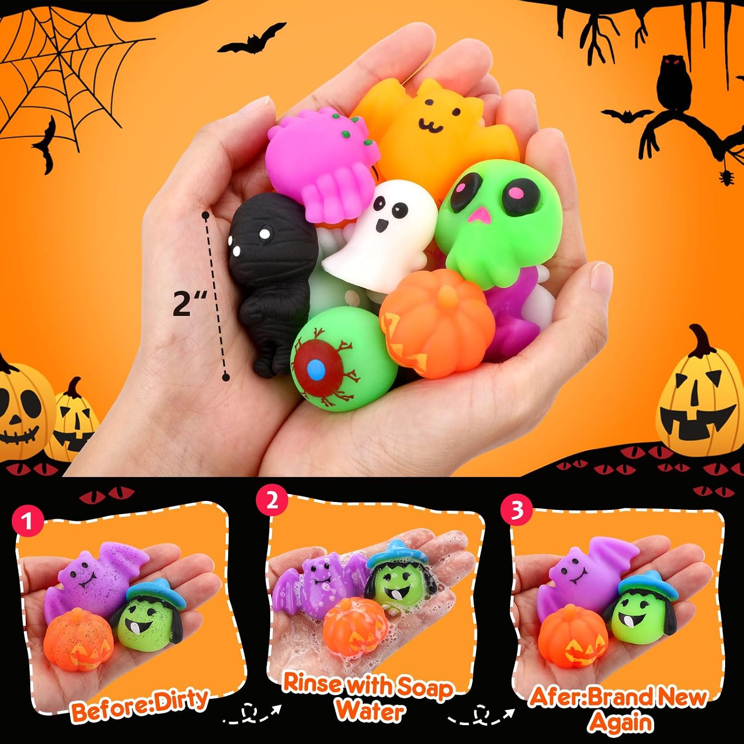 30PCS Halloween Mochi Squishy Toys, Mini Party Favors for Kids, Non-Candy Trick-or-Treat Goodie Bag Fillers